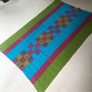 VINTAGE Handmade Wool Knit Crochet Patchwork Quilted Floral Blanket 46” x 68”